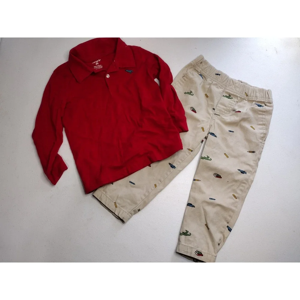 Carters Toddler Boy 2T Red Long Sleeve Polo &‎ Dinosaur Print Khaki Pants Set